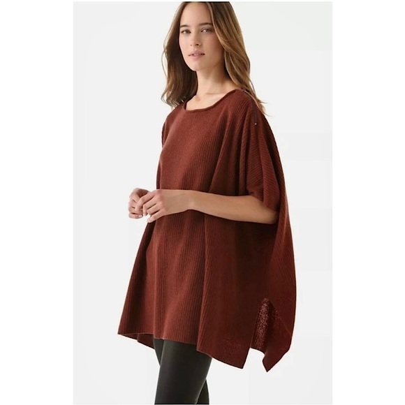 VINCE Rust Cashmere Wool Boatneck Zip Shoulder Rib Knit Loose Sweater Poncho XS - Picture 6 of 10